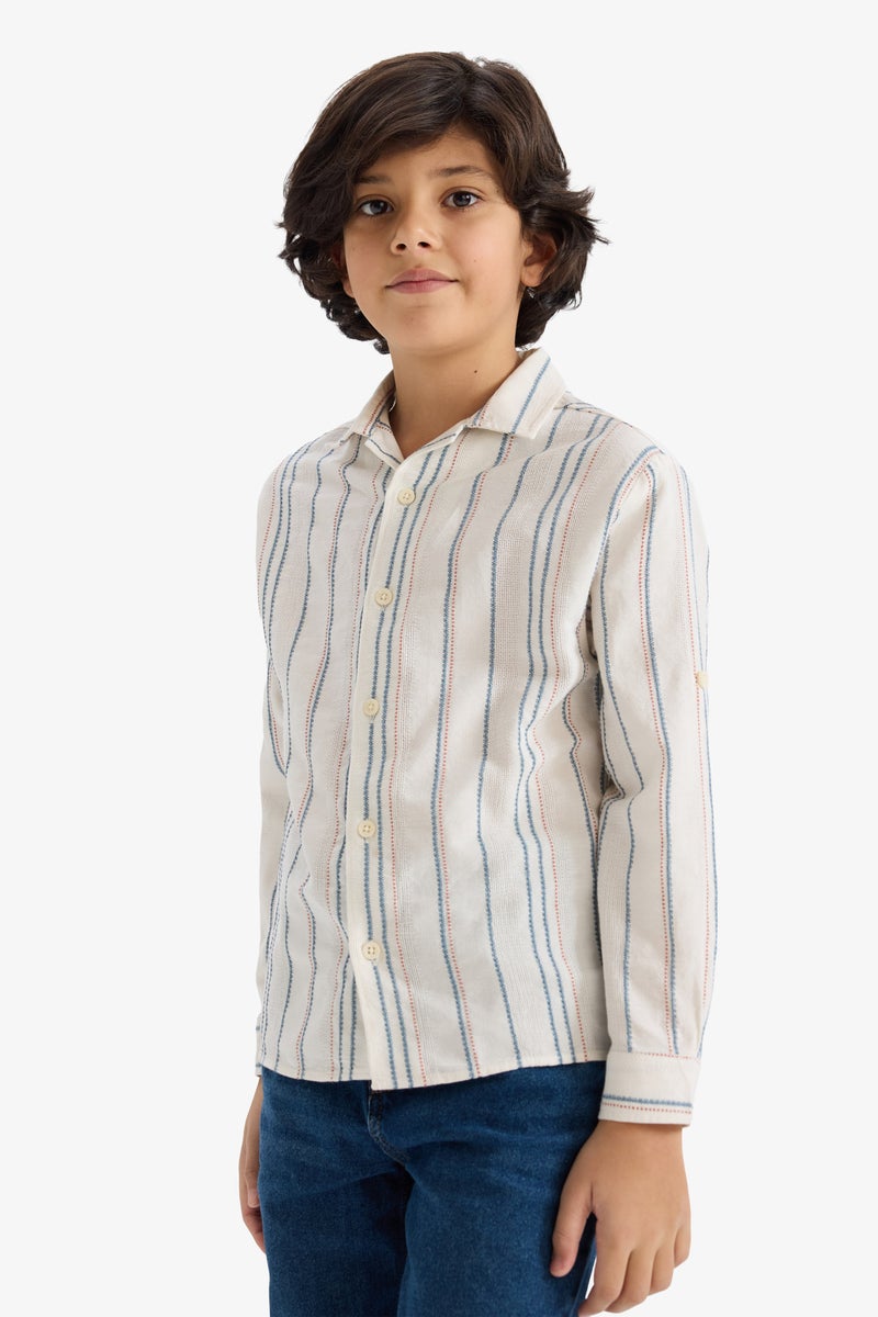 DeFacto Beige Boy Boy Oversize Polo Collar Striped Shirt Casual - Image 3